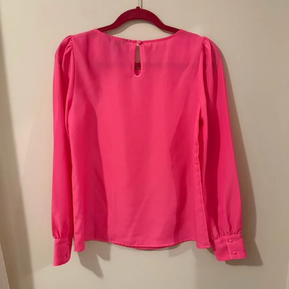 J. Crew Bright Pink Puff Sleeve Keyhole Back Blouse Womens‎ Size S